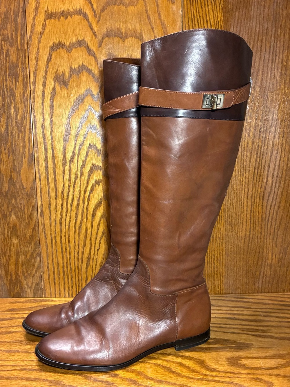 Y2K VTG Cole Haan Nike Air Two Tone Brown Leather Tall Riding Boots Size 7.5